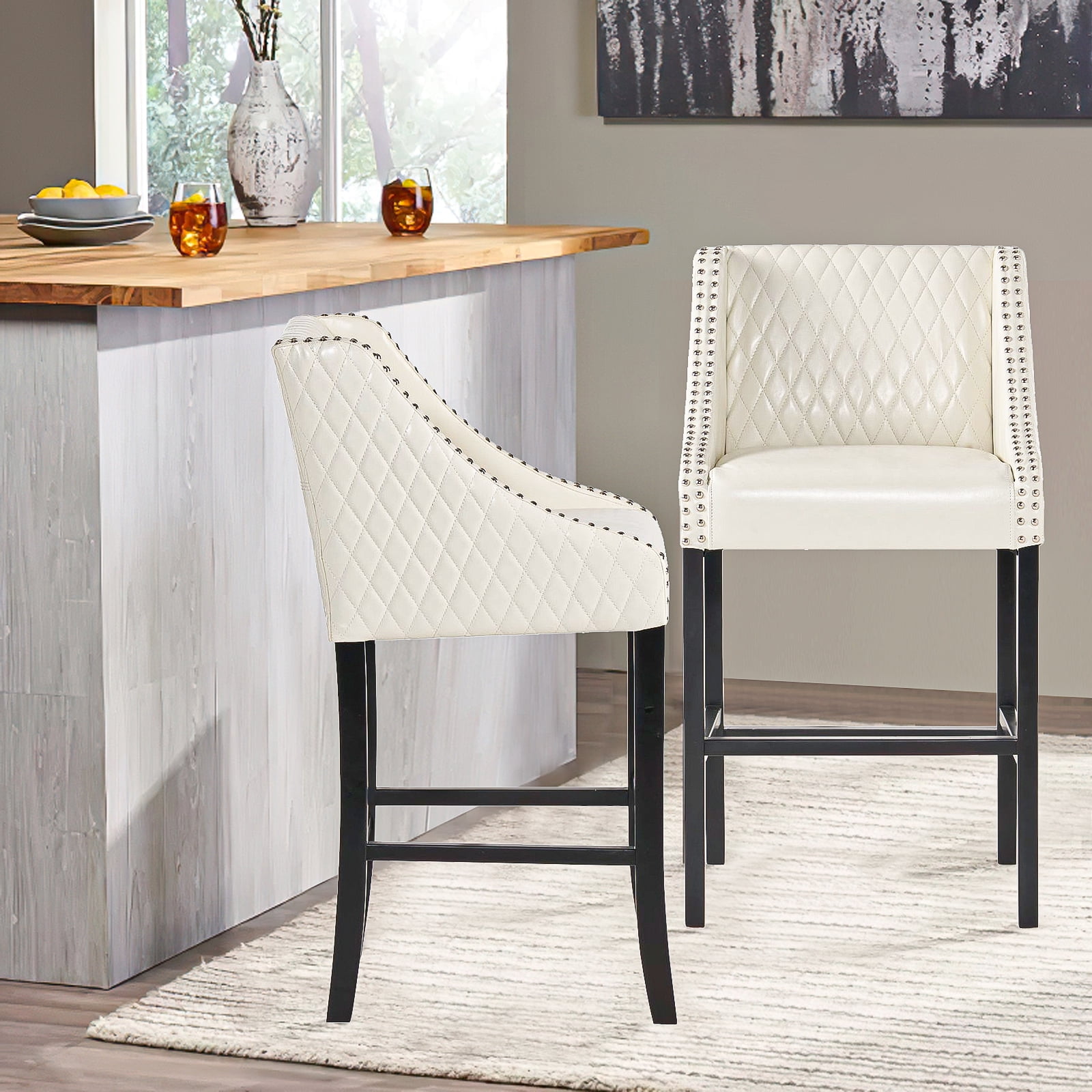 Kadyn Leather Bar Stool, Upholstered Barstool with Backs and Wood Legs, Mid-Century Modern Leather Dining Chairs for Bar, Ivory Kadyn Leather Bar Stool, Upholstered Barstool with Backs and Wood Legs, Mid-Century Modern Leather Dining Chairs for Bar, Ivory