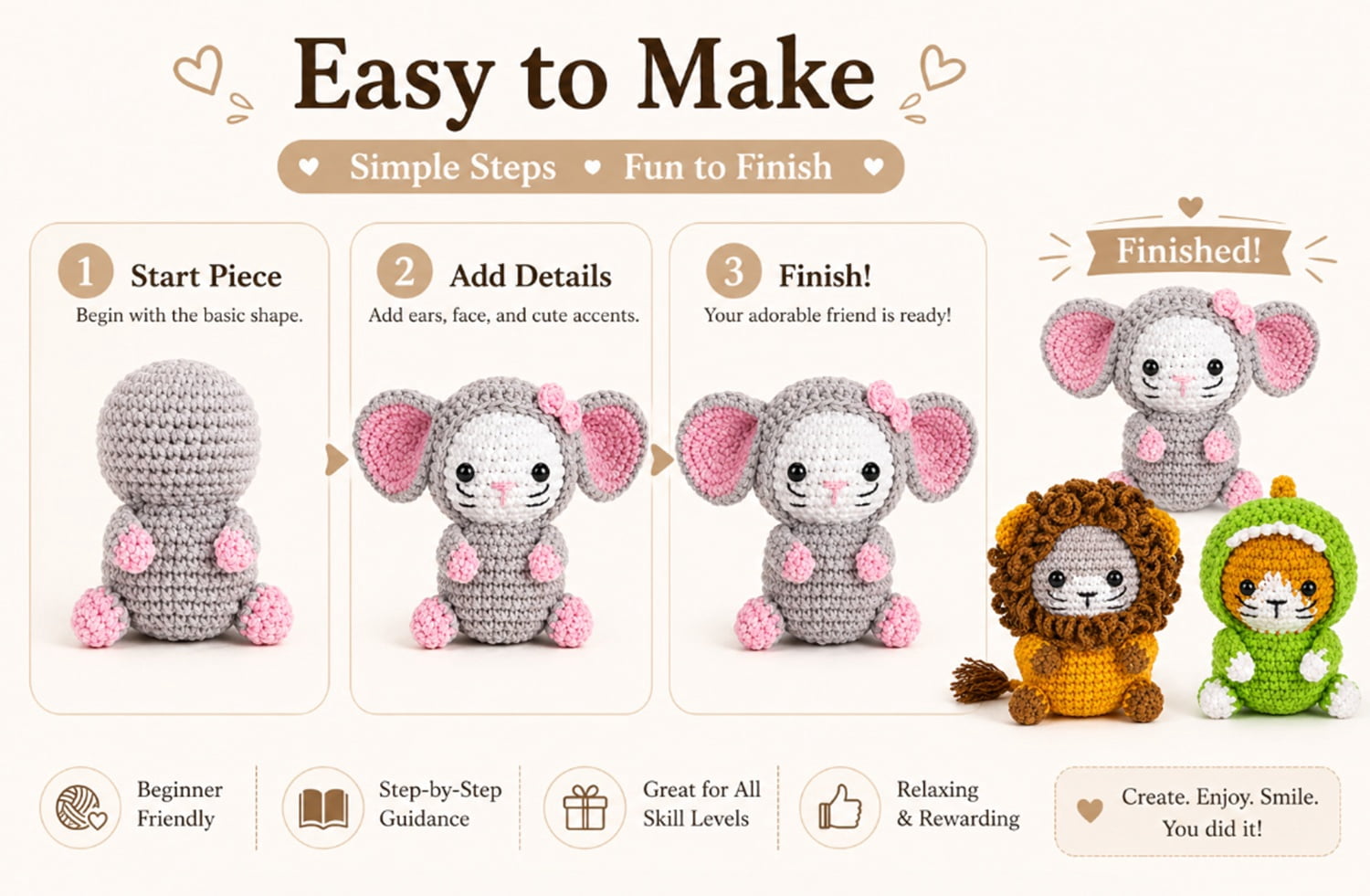 3 Pack Cat Crochet Kit for Beginners, Cat Amigurumi Starter Set with Step by Step Video Tutorials, TIKA