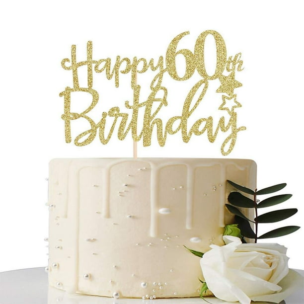 Gold Glitter Happy 60th Birthday Cake Topper,Hello 60, Cheers to 60 ...