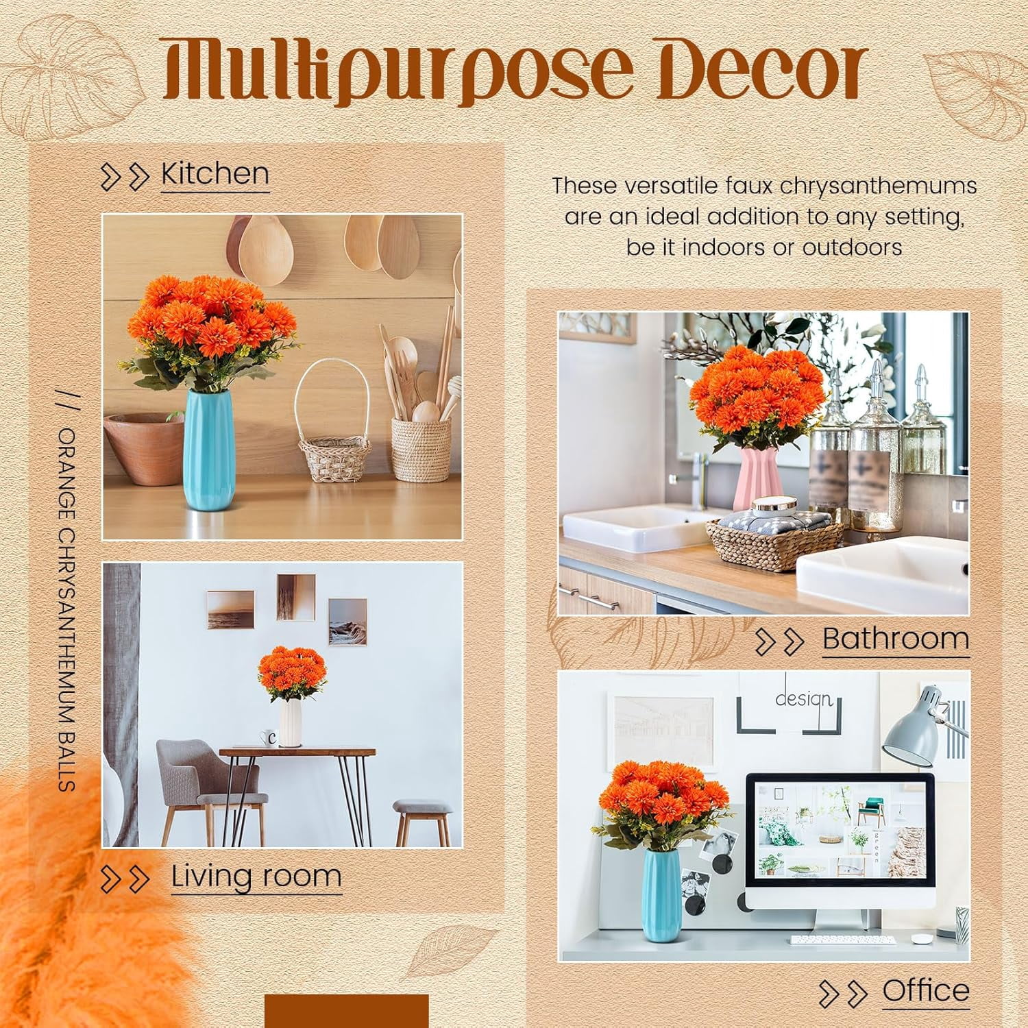 24 Heads Artificial Chrysanthemums Flowers Bouquets Silk Chrysanthemum Ball Fake Mum Artificial Mums for Outdoors Faux Silk Ball Flower for Home Table Centerpieces Decor (Orange)