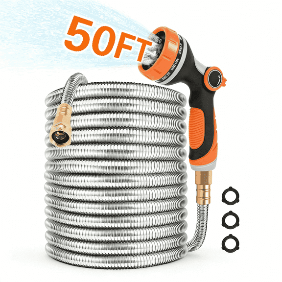 KOYMISKU Garden Hose 50FT, Stainless Steel Water Hoses with 10-Mode Nozzle Sprayer, Tangle Free Water Pipe for Yard Outdoor
