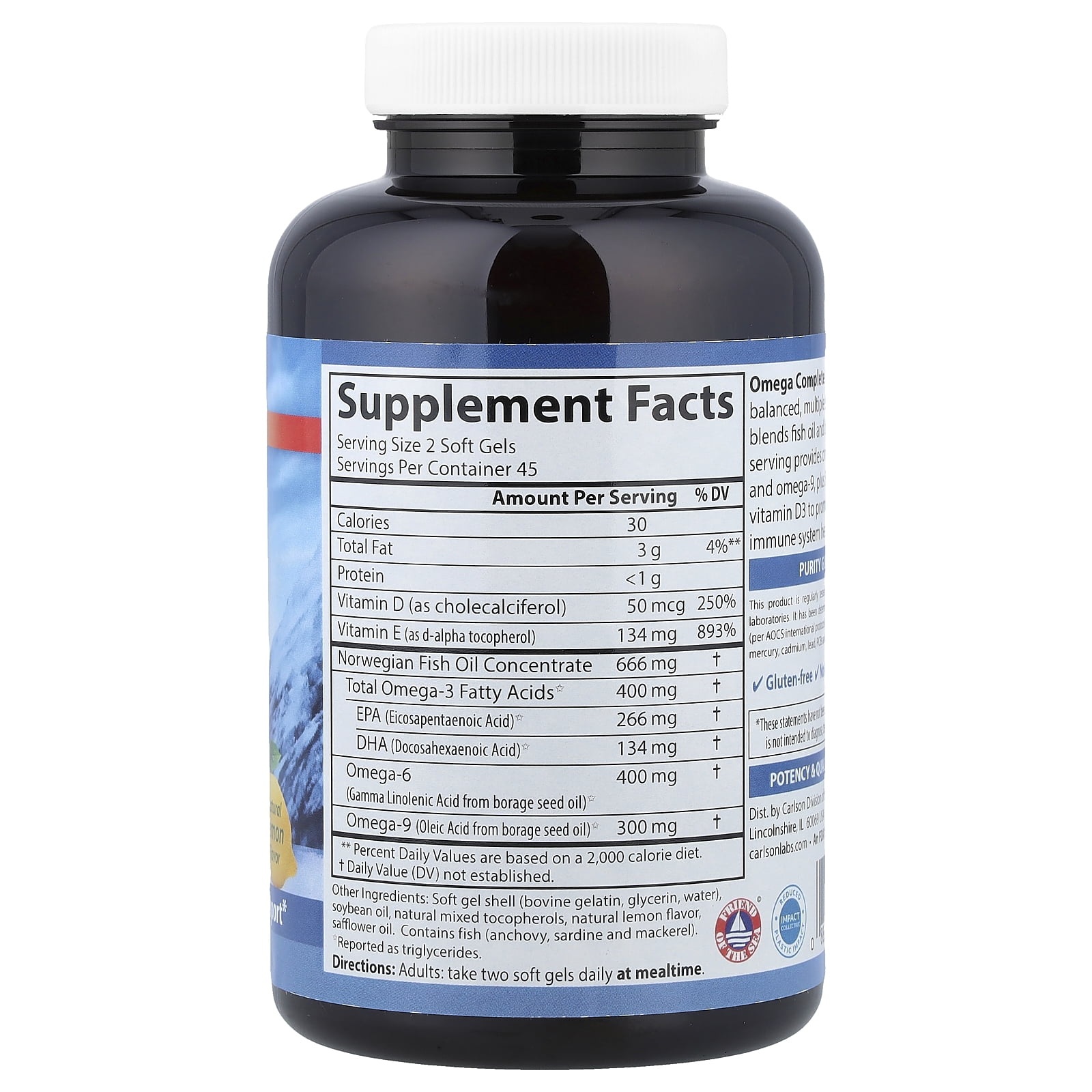 Carlson - Omega Complete Gems, Omega-3-6-9, Wild Caught, Sustainably Sourced, Heart Health, Joint Function  Immune Support, 90 Softgels