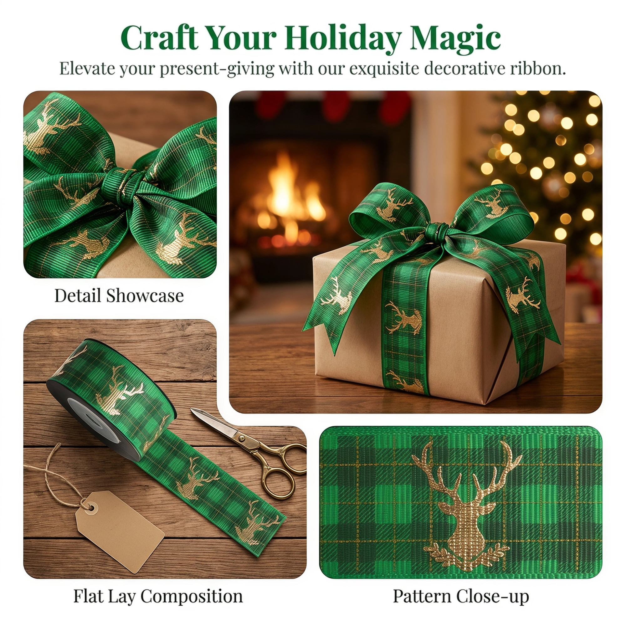Unique Bargains Premium Fabric Ribbon for Gift Wrapping Green Deer Pattern 5.5 Yard