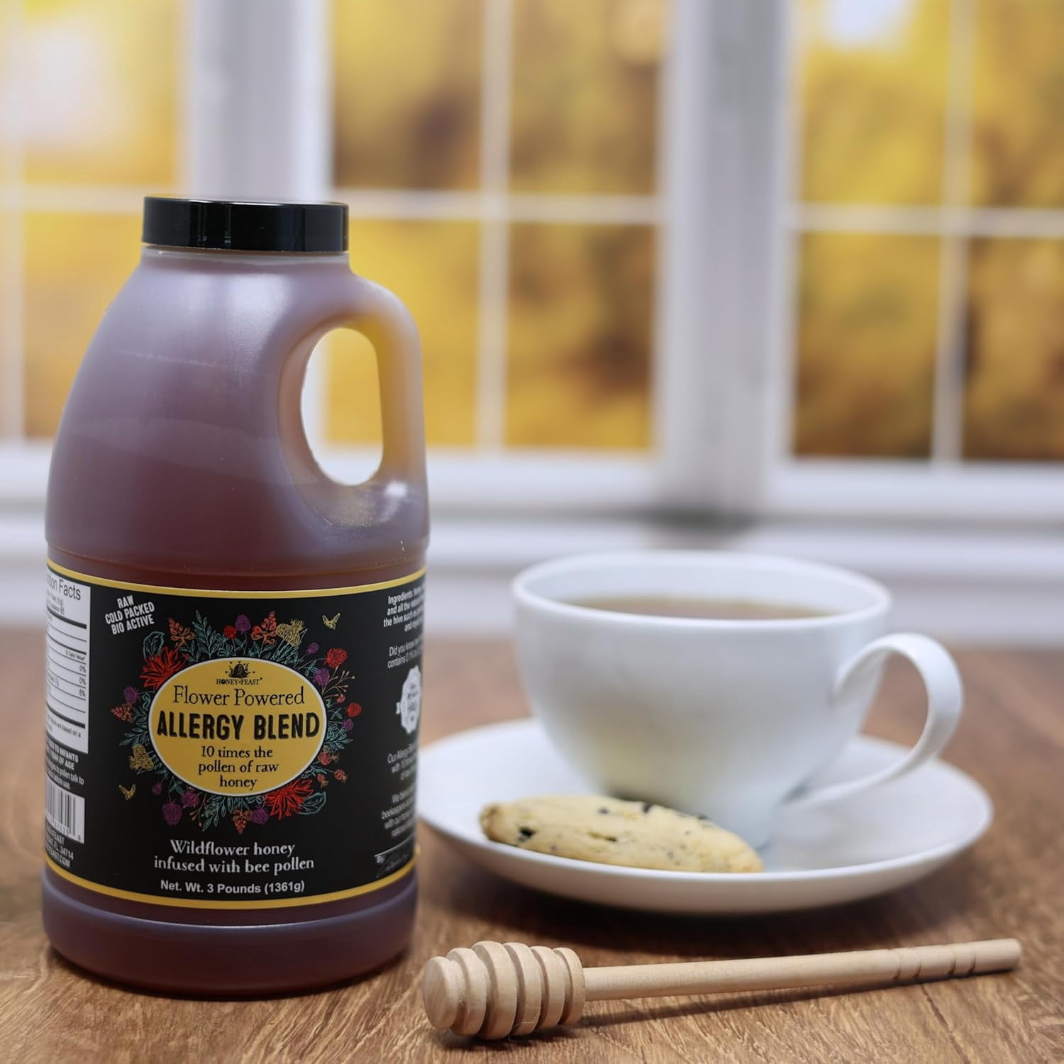 HONEY FEAST 3 Pounds Allergy Blend Honey - Premium American Honey, Floridian Origin, Raw & Unfiltered, Enhanced Pollen Content, Beekeeper Crafted in Central Florida Apiary