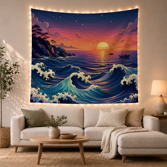 Transportation Vehicles Seascape with Sunset Main Dynamic, Playful Watercolor for Transportation Fans, Wall Decor, Graduation Gift, Tapestry Wall Hanging for Dorm and Living Room