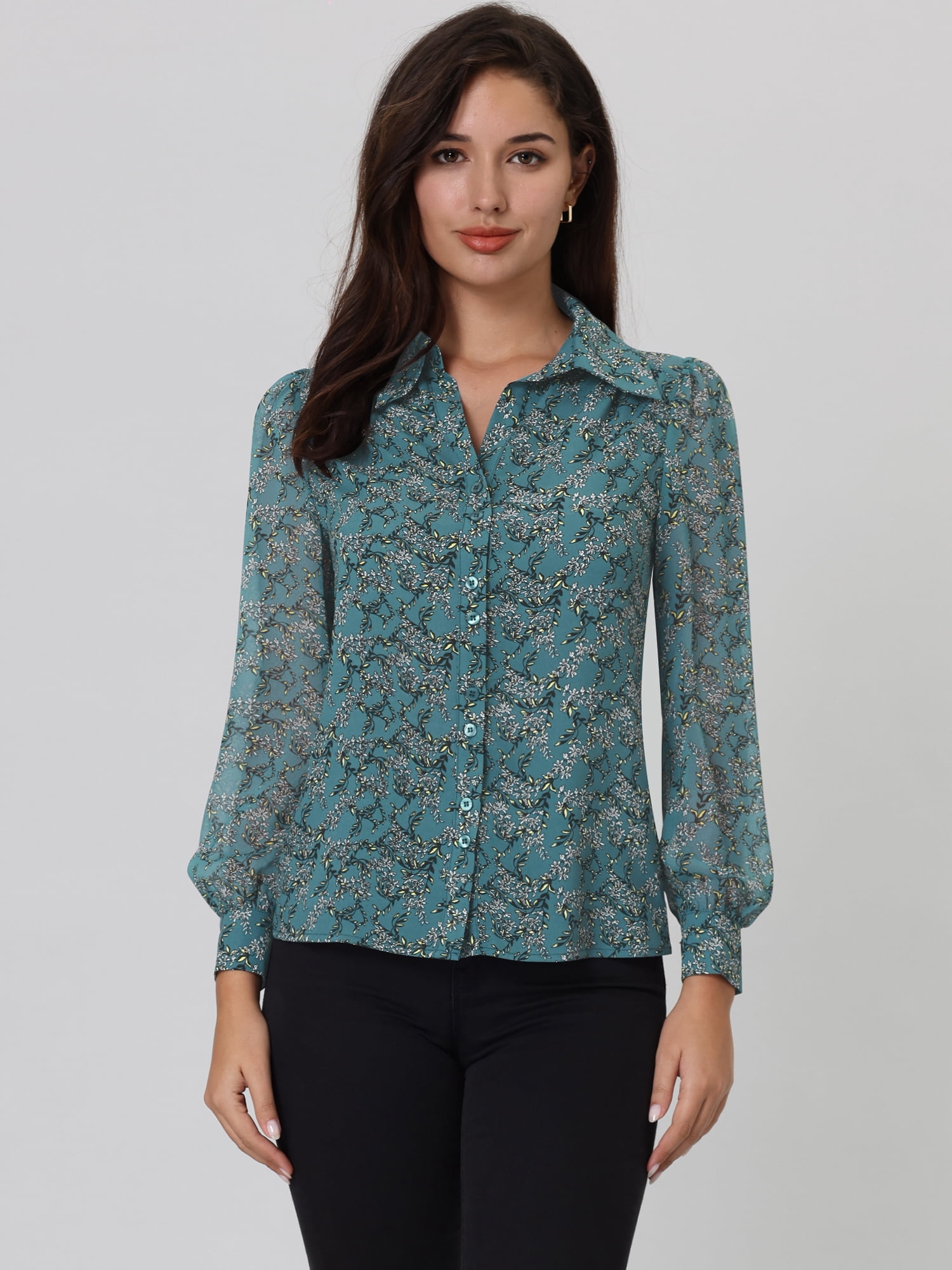 Unique Bargains Women's Floral Point Collar Long Sleeve Button Down Shirts S Dark Blue