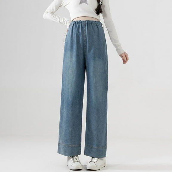 Abomasnow Wide Leg Maternity Jeans for Women Elastic High Waisted Pull On Drawstring Baggy Denim Pregnancy Pants