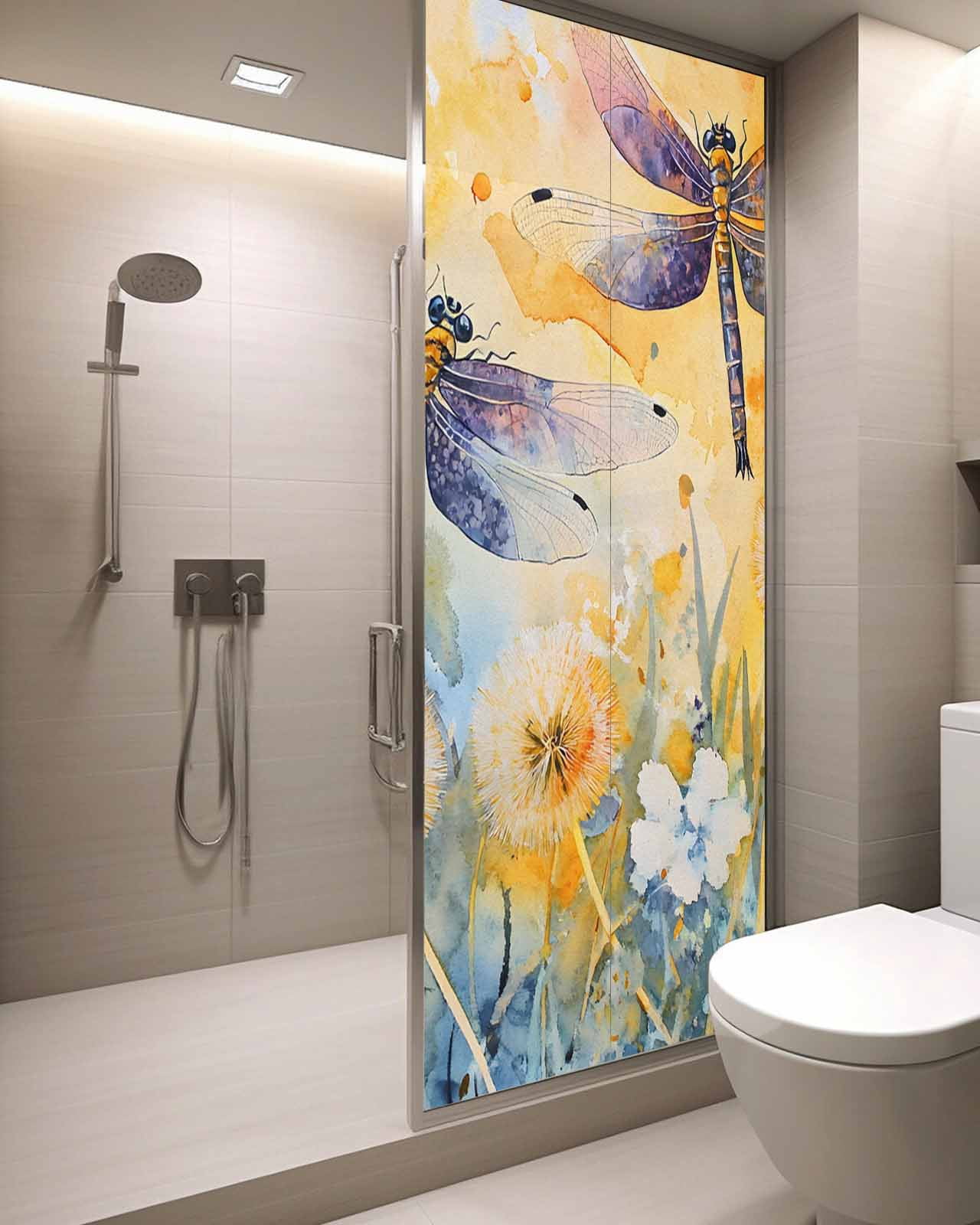 Window Privacy Film Yellow Dragonfly Spring Floral Stained Glass Window Film Decorative Sun Block Window Cover Summer Botanical Window Clings Static Adhesive Sticker for Bathroom 29.5"x78.7"