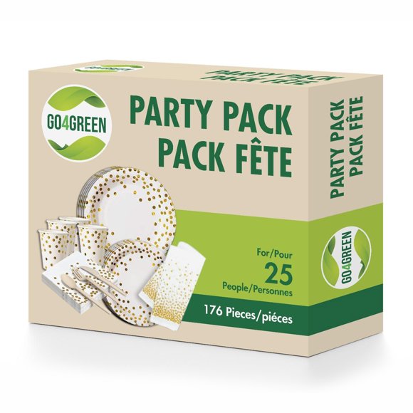 Go4Green Ensemble de Fête avec Assiettes en Papier Jetables, Gobelets, Serviettes, Nappe et Ensemble de Couverts Compostables pour 25 Personnes, 176 Pcs