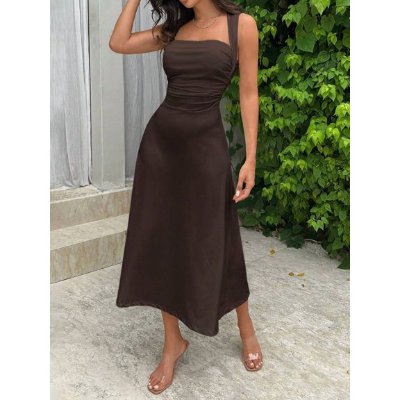 Coffee Brown Solid Ruched Side Long Dress For Women, Summer Maxi Dress With Square Neckline And Sleeveless Design