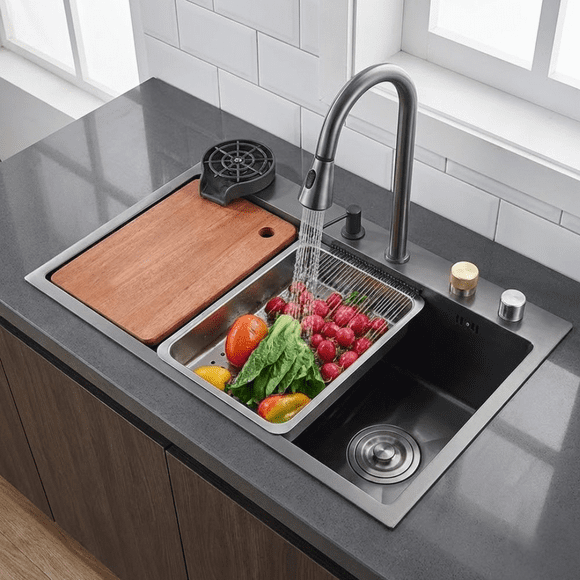 Fregadero Tarja de Cocina Acero Inoxidable 75×45 cm con Grifo Cascada & Extraíble, Antihuella – Incluye Tabla, Colador y Dispensador de Jabón - Negro Matte