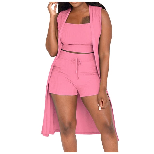 2025 Conjunto de 3 piezas para mujer: abrigo sin mangas acanalado, chaleco y pantalones cortos, color liso, ropa informal/de fiesta, tallas S-XXL