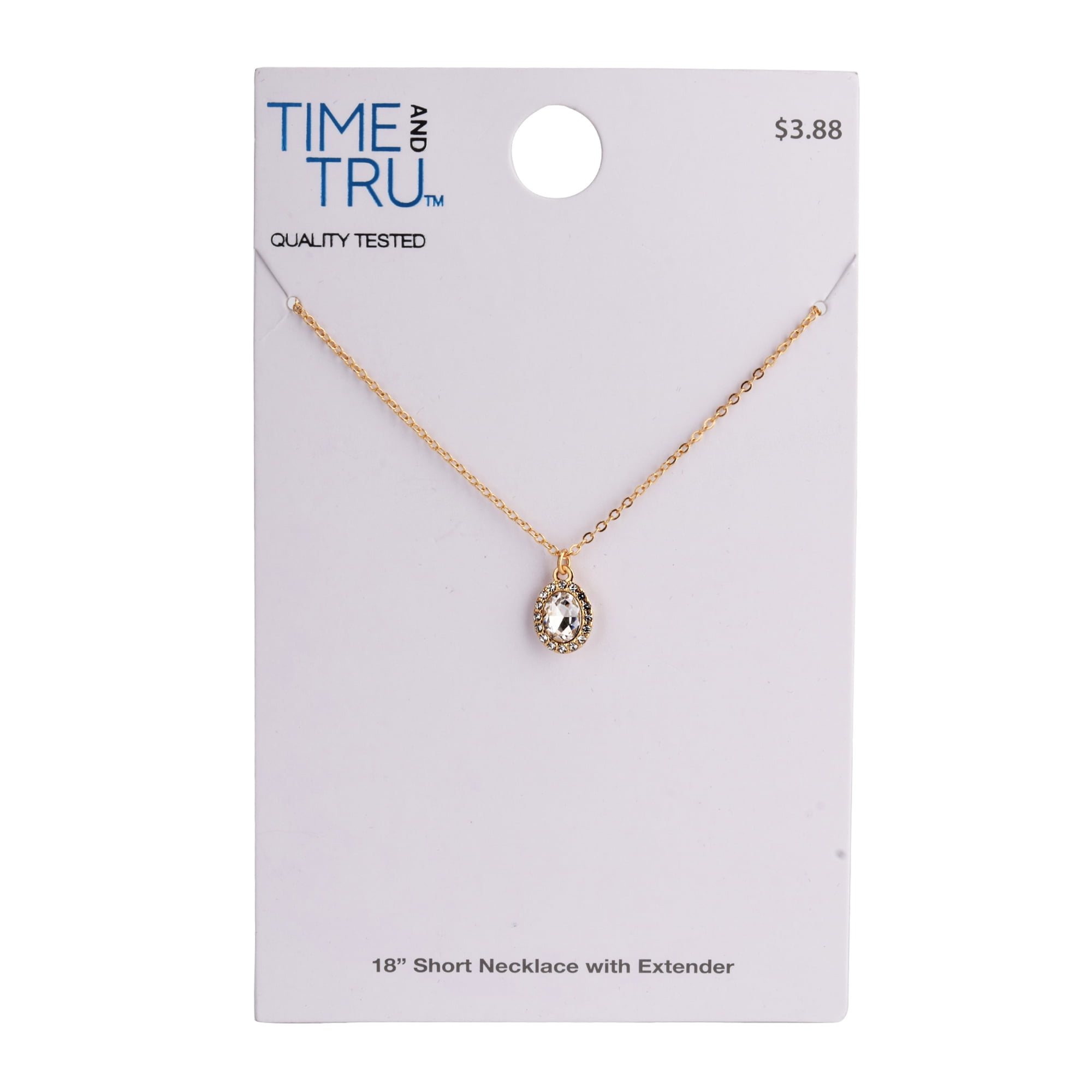 Time And Tru Women's Gold Tone Oval Halo Crystal Stone Delicate Pendant Necklace
