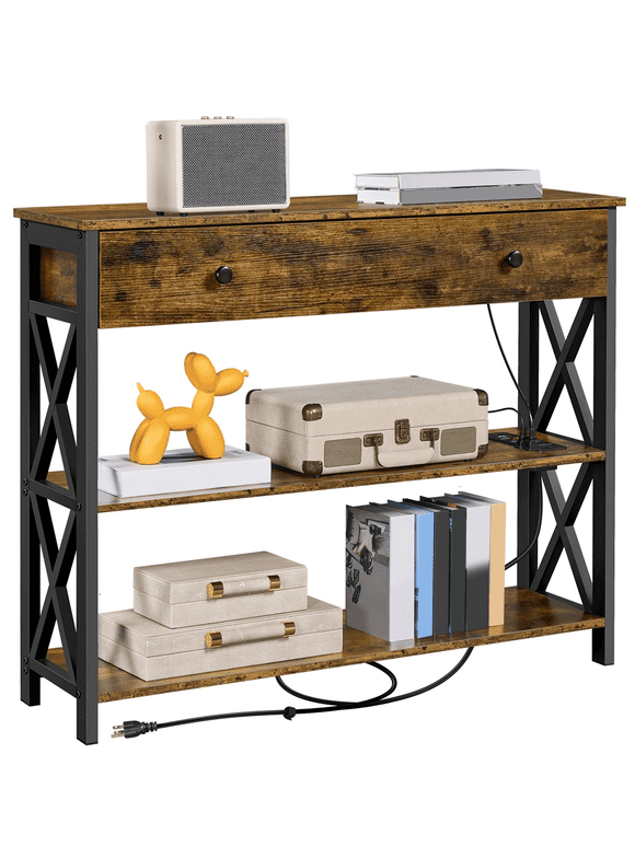 Yaheetech Vintage Wooden Console Table with Power Outlet for Living Room,Rustic Brown