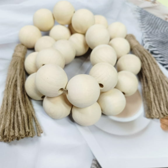 Large Wood Bead Garland with 1.6" Diameter Wooden Beads and Tassels, Decorative Beads Boho Decorations for Home, 51" Long Rustic Farmhouse Country Wood Beads Garland for Home Tiered Tray Decor