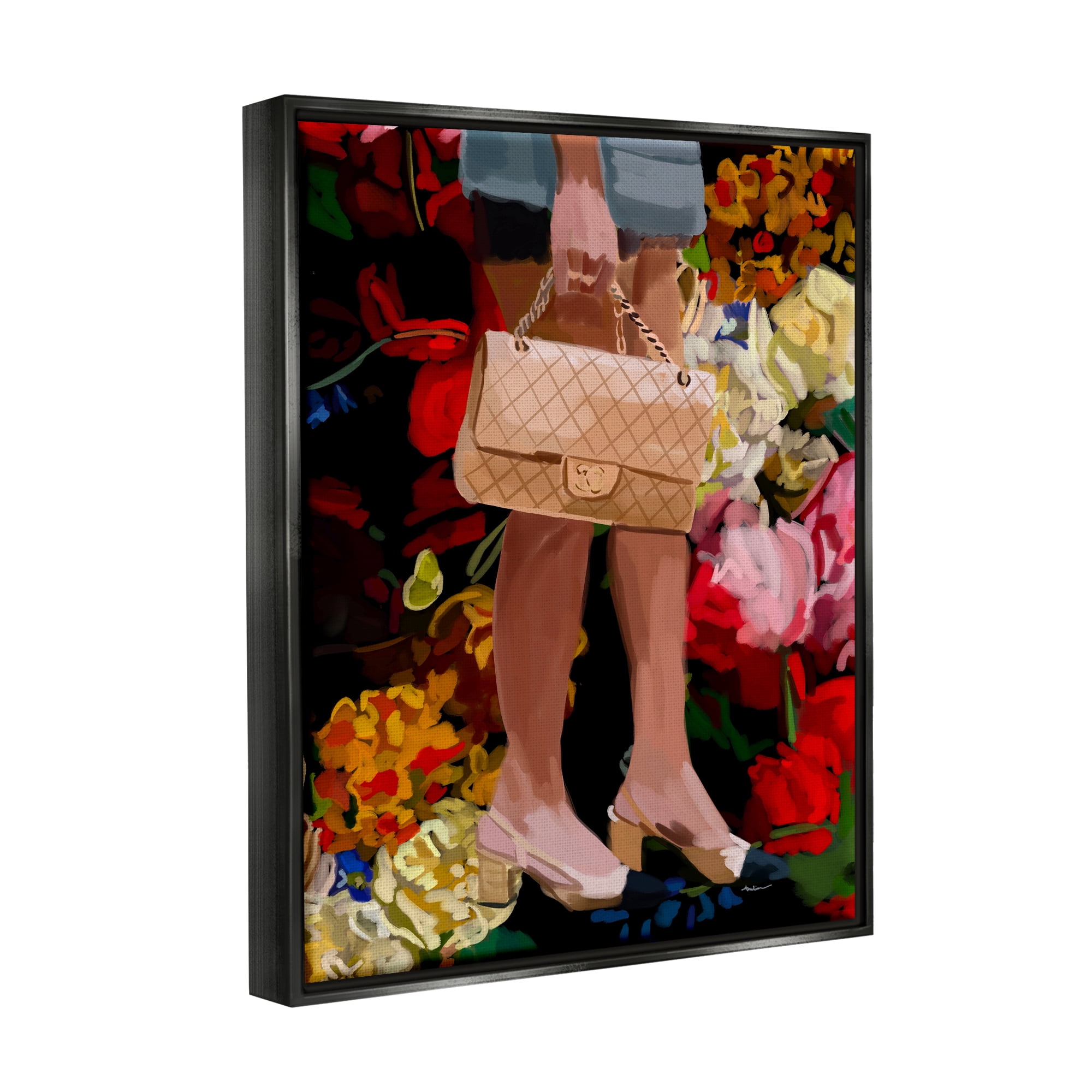 Stupell Industries Trendy Girl with Handbag Beauty & Fashion Painting Black Floater Framed Art Print Wall Art, 25 x 31