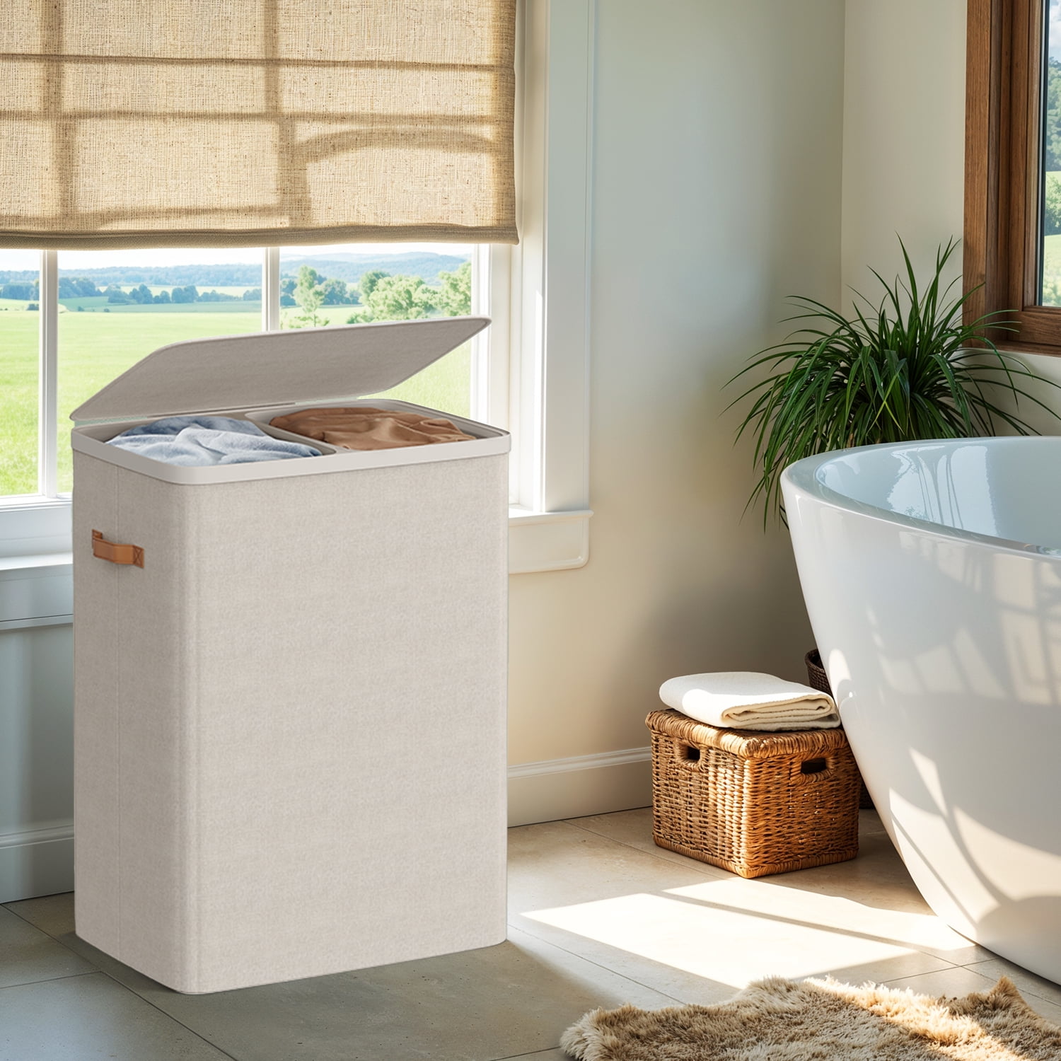 LEDREM 2-Compartment Laundry Hamper with Removable Inner Bags, 44.9 Gal Capacity, Foldable & Easy Assembly, Dust-Proof Lid, Handles for Portability, Cappuccino Beige