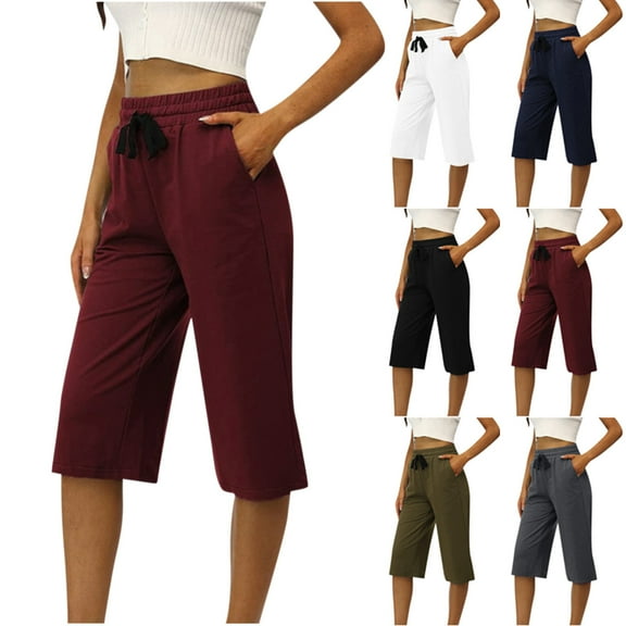 Olyvenn Stylish Women Fashion Drawstring Pockets Elastic Waist Solid Capris Pants Dressy Casual Cargo Pants Boho Yoga Leggings Summer Trendy Trousers Army Green 4