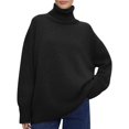 thumbnail image 3 of Women Mock Neck Sweater Chunky Long Sleeve Knitted High Low Hem Trendy Fall Winter Jumper Top Black One size, 3 of 9