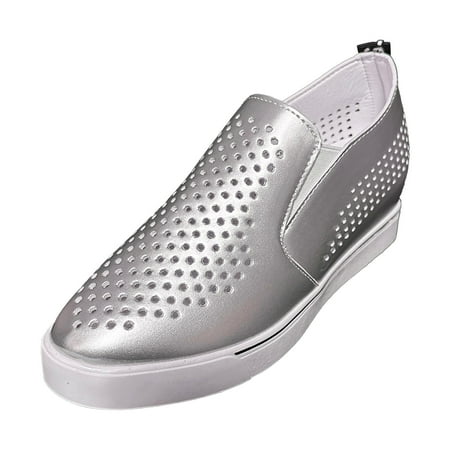 

Cathalem Leisure Women s Four Seasons Hollow Out Solid Color Non Slip Wedges Round Toe Breathable Slip On Lazy Shoes Silver 38