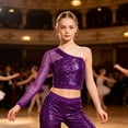 thumbnail image 4 of iiniim Girls Sparkle Sequins Ballet Dance Crop Tops Mesh Sleeve One Shoulder T-Shirt Jazz Hip Hop Dancewear Purple 12, 4 of 7