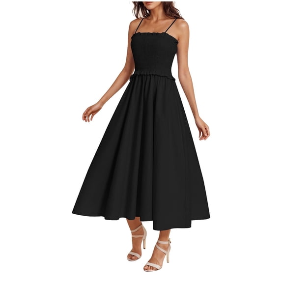 RYRJJ Womens Summer Maxi Dresses Spaghetti Strap Sleeveless Smocked Flowy Dress A-Line Boho Long Beach Sundresses(Black,M)