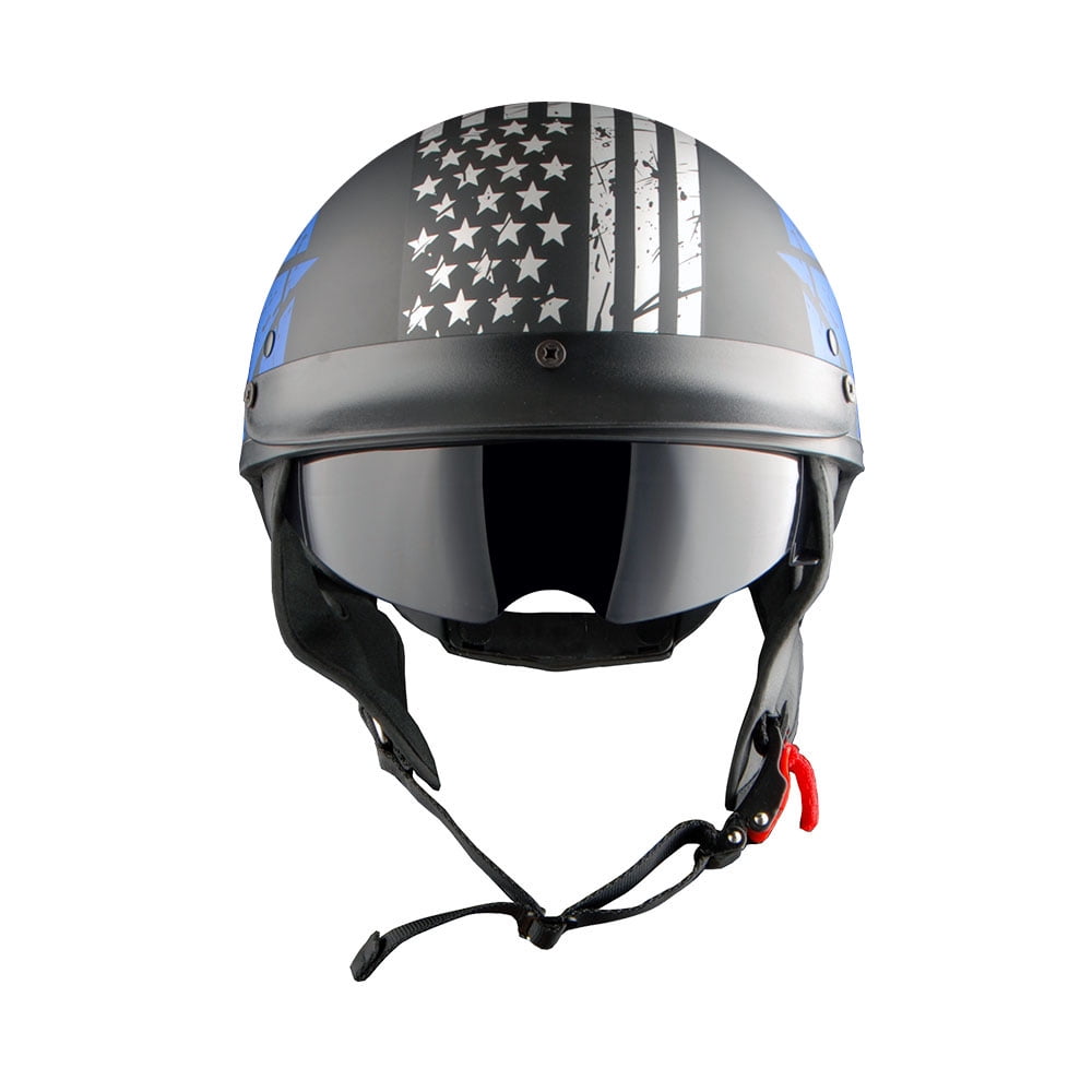 1Storm Motorcycle Half Face Helmet Mopeds Scooter Pilot with retractable Inner Smoked Visor HKY205V, Blue Flag
