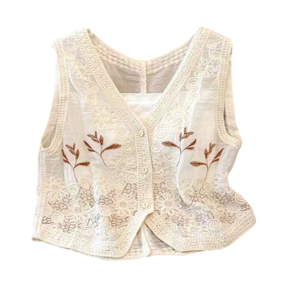 Breathable Embroidered Cotton Vest for Women’s Casual Outerwear Sleeveless Button Down Crochet Crop Tanks Top Cardigan