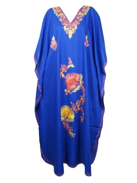 Mogul Women Royal Blue Kaftan Maxi Dress Floral Embroidery Abaya Loose Stylish Maxi Cafan Resort Wear Cover Up Housedress 4XL