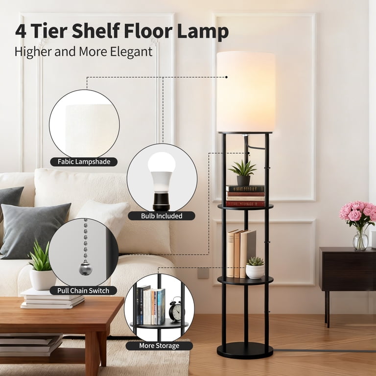 Foukus 63" Floor Lamp with 3-Tier Bookshelf, Black photo 2