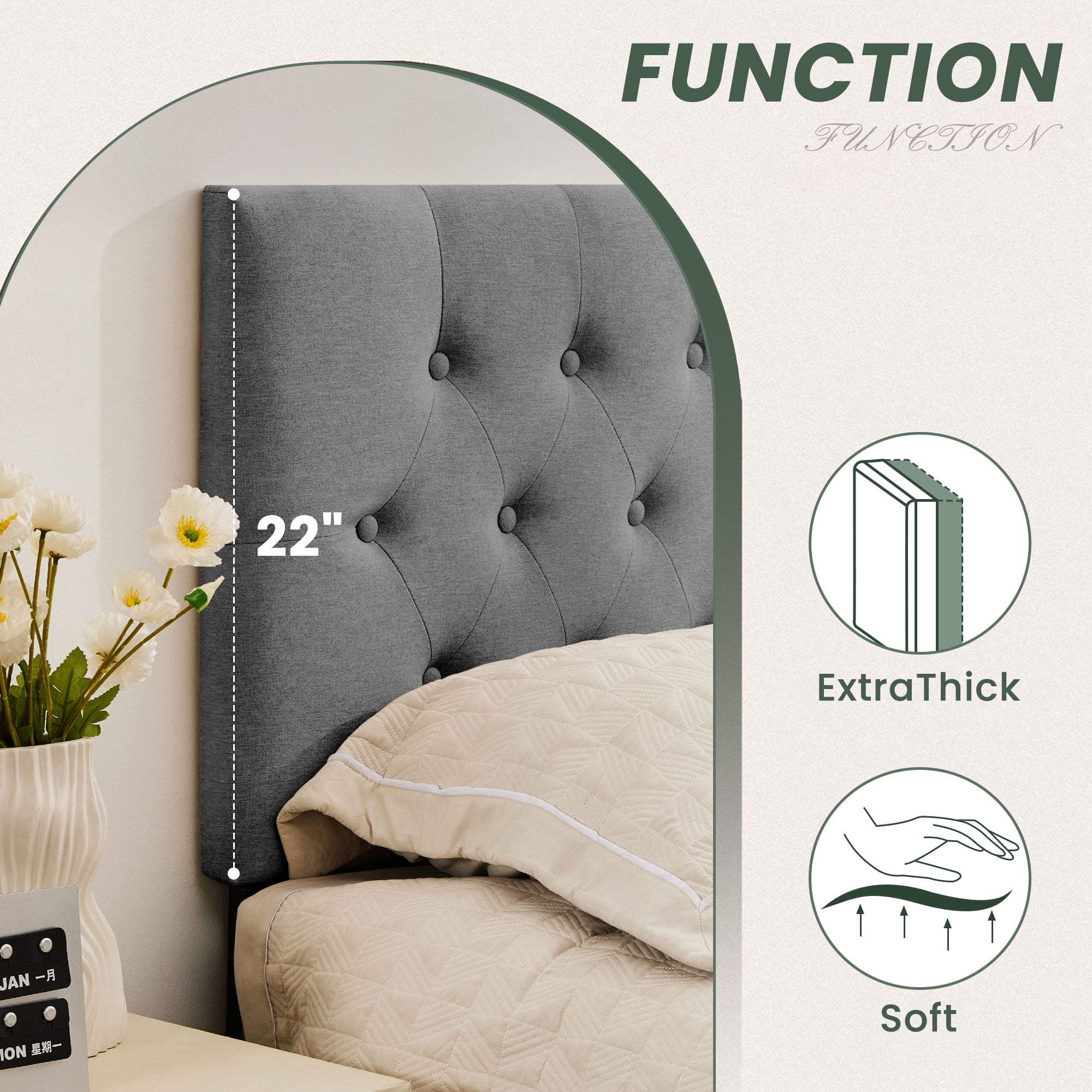 JONPONY Tufted Upholstered Headboard Full Size, Solid Wood Head Board with  Adjustable Height  Headboard from 37" to 51",Bed Frame Adapters,Gray,Headboard Only