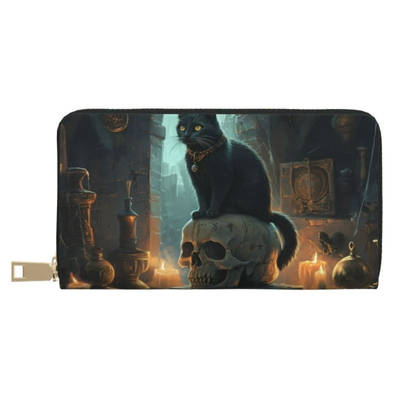 Leather Thin Slim Wallets for Women Men - Halloween Vintage Black Cat Skull Clutch Card Wallet for Women Men with Zipper