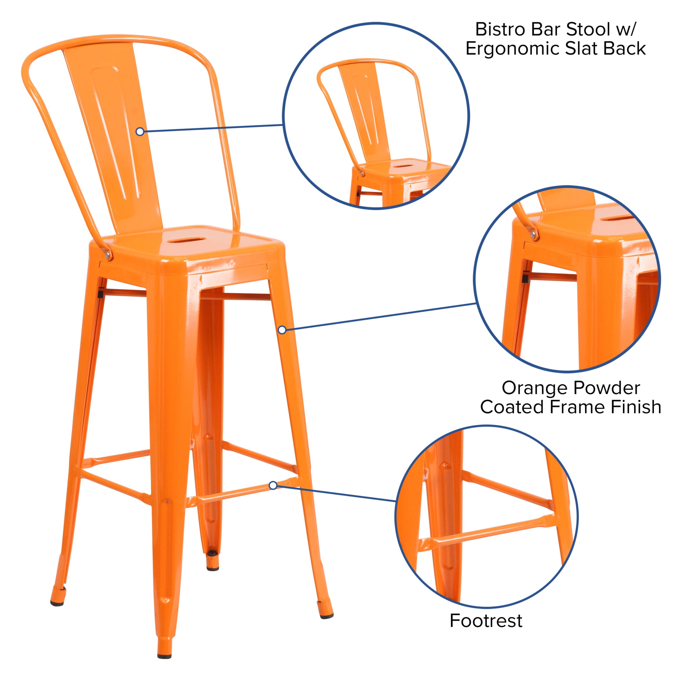 Merrick Lane Orange 30" High Metal Bar Height Stool with Removable Back for Indoor-Outdoor Use
