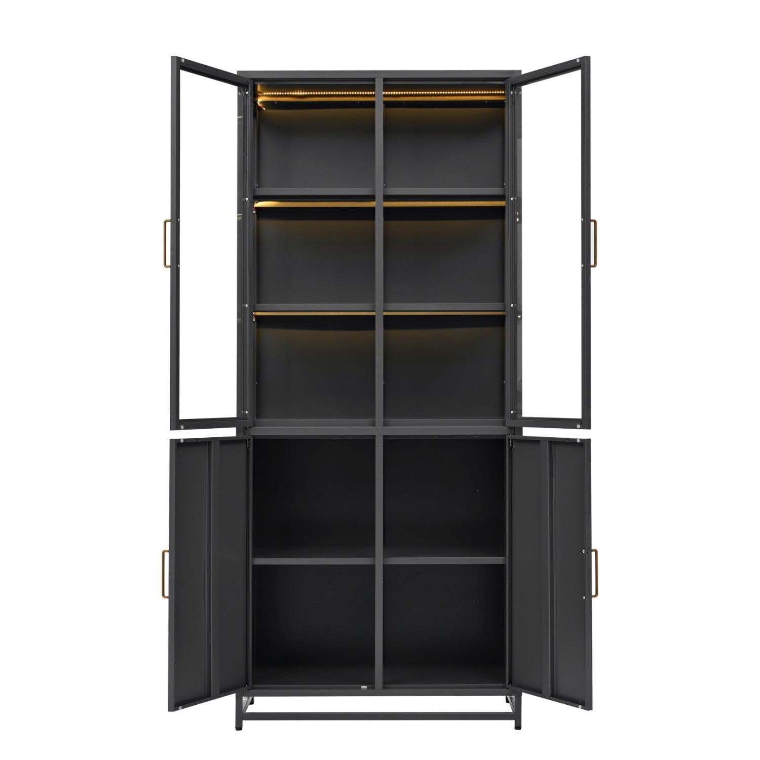 76.75" Tall Glass Display Cabinet with LED Lights, Steel Curio Cabinet with 3-Sided Glass, Double Door Storage Cabinet for Kitchen Living Room Office Pantry Home Decor, Black