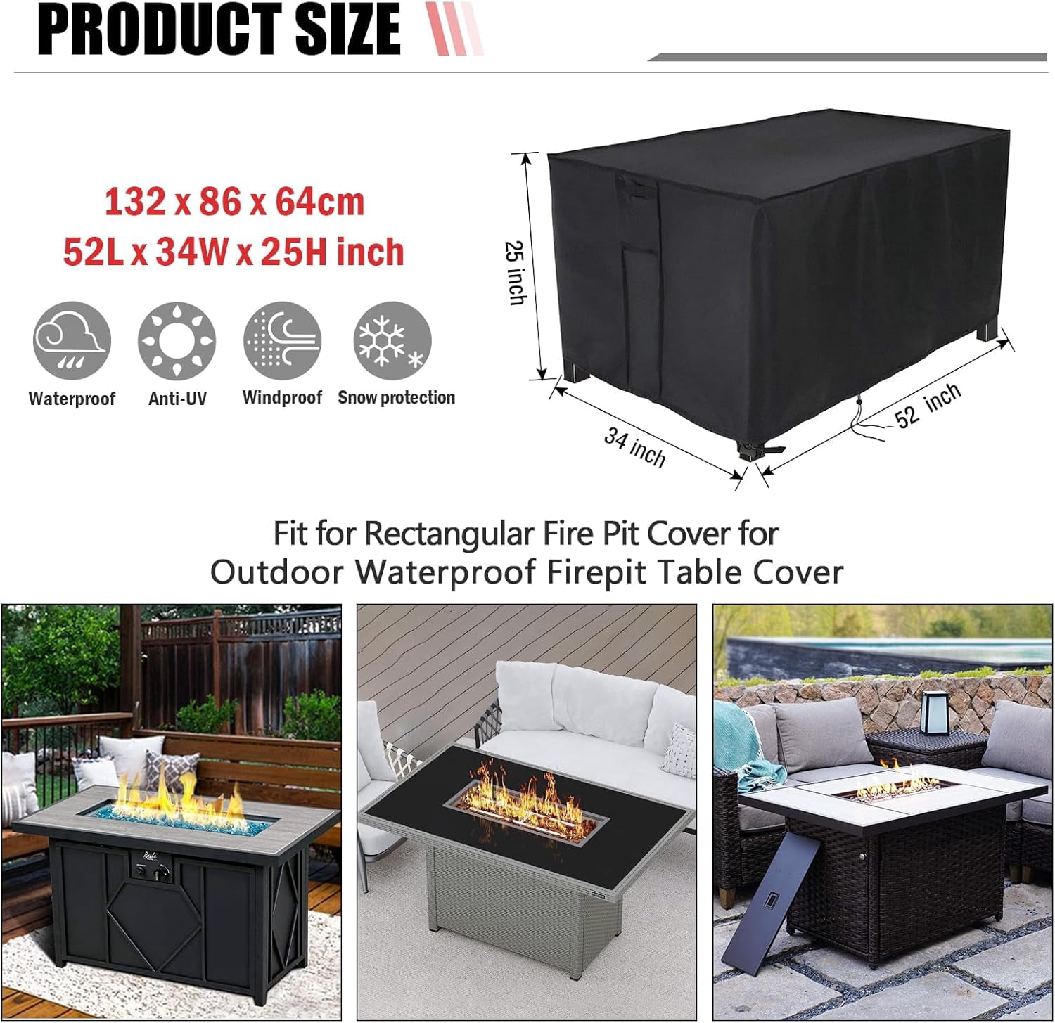 Saking Rectangular Fire Pit Cover for 52 inch Gas Fire Pit Table,Outdoor Waterproof Propane Firepit Table Cover - 52 X 34 X 25 Inch