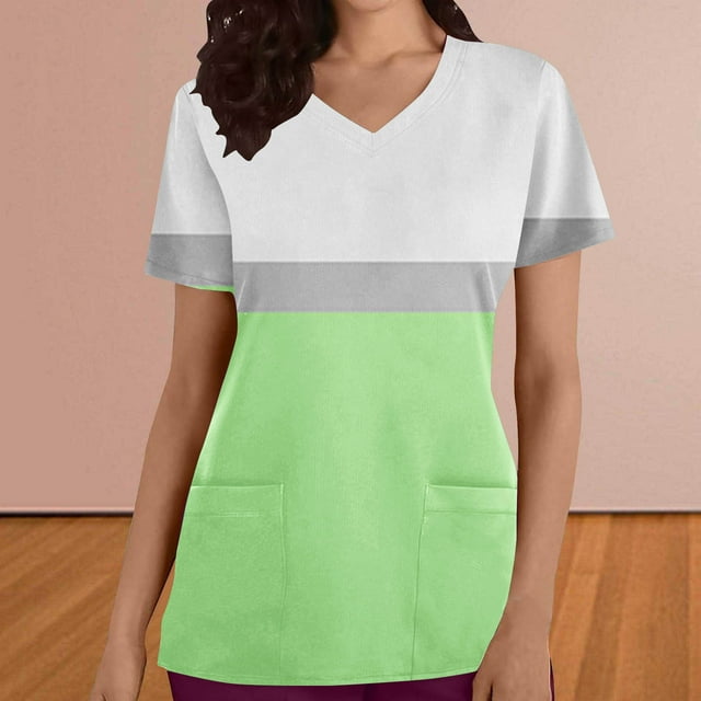 FcBaudy Hauts pour Femmes, Blouses & Chemises à Manches Courtes Col en V Mode Décontractée Robe d'Infirmière à Manches Courtes avec Poche en polyester