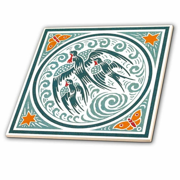 3dRose, Nouveau Teal Colored Birds, 6 Inch Ceramic Tile