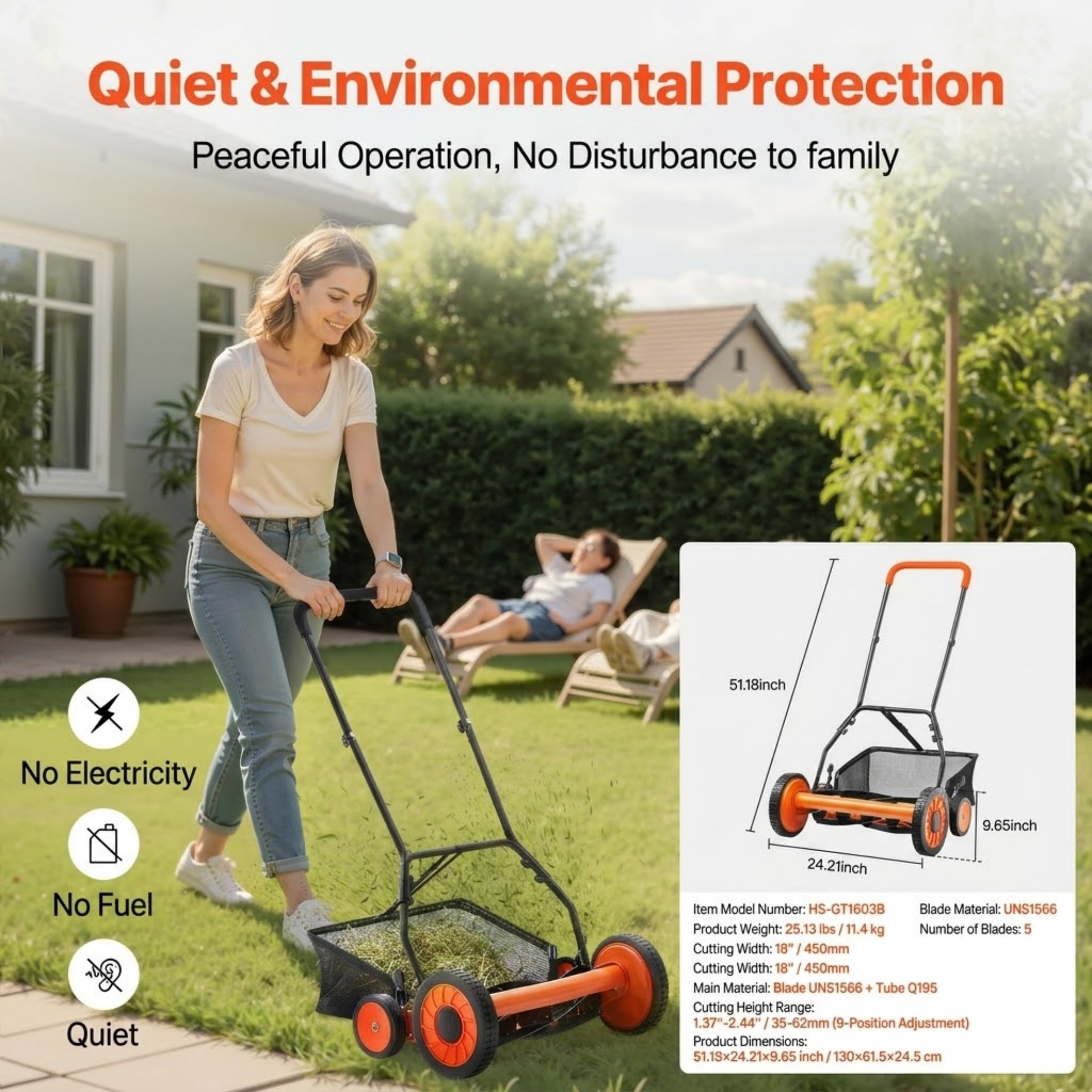 JUVOCT 18-Inch 5-Blade Push Reel Lawn Mower, Manual Walk-Behind Mower with Grass Catcher and Adjustable Height