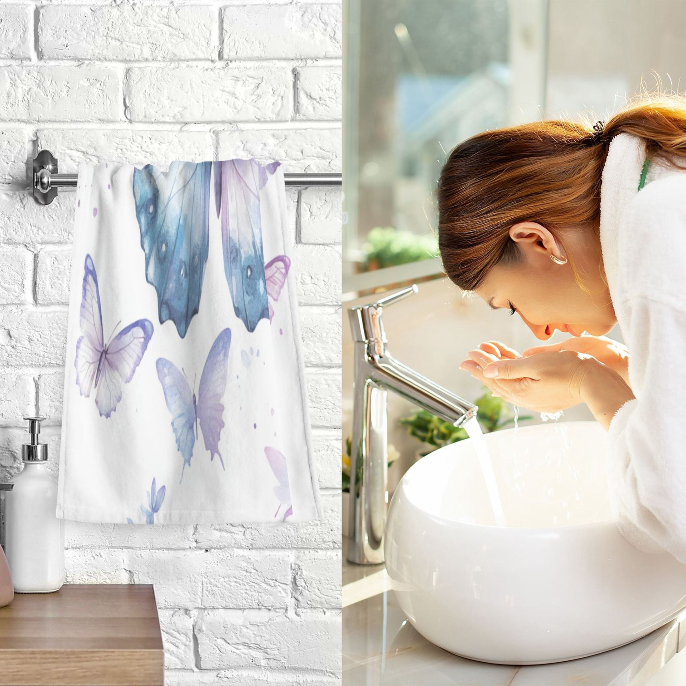 2 Pcs Absorbent Face Towel Bath Hand Towels Soft Breathable Cotton Towel Set for Bathroom Kitchen Hotel Spa Decor A Flock Of Butterflies