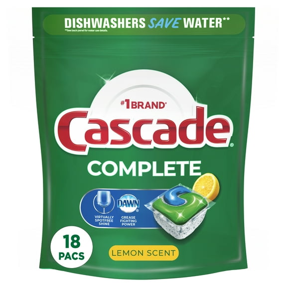 Cascade Complete Dishwasher Pods, Action Pacs Dishwasher Detergent, Dishwasher Tabs, Lemon, 18 Count
