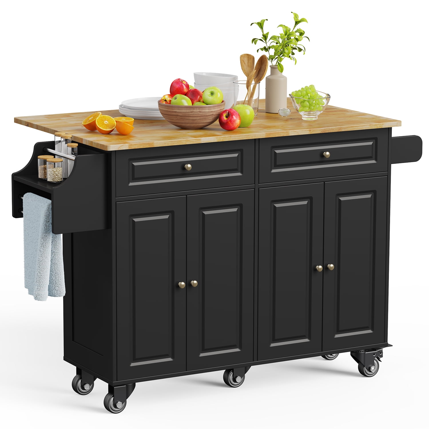 Bealife 52" Kitchen Island Carts with Storage on Wheels, Black