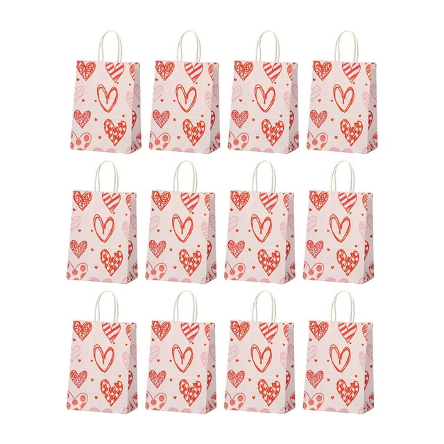12 bolsas de regalo para San Valentín con asa y forma de corazón, decorativas para fiestas. Rosa