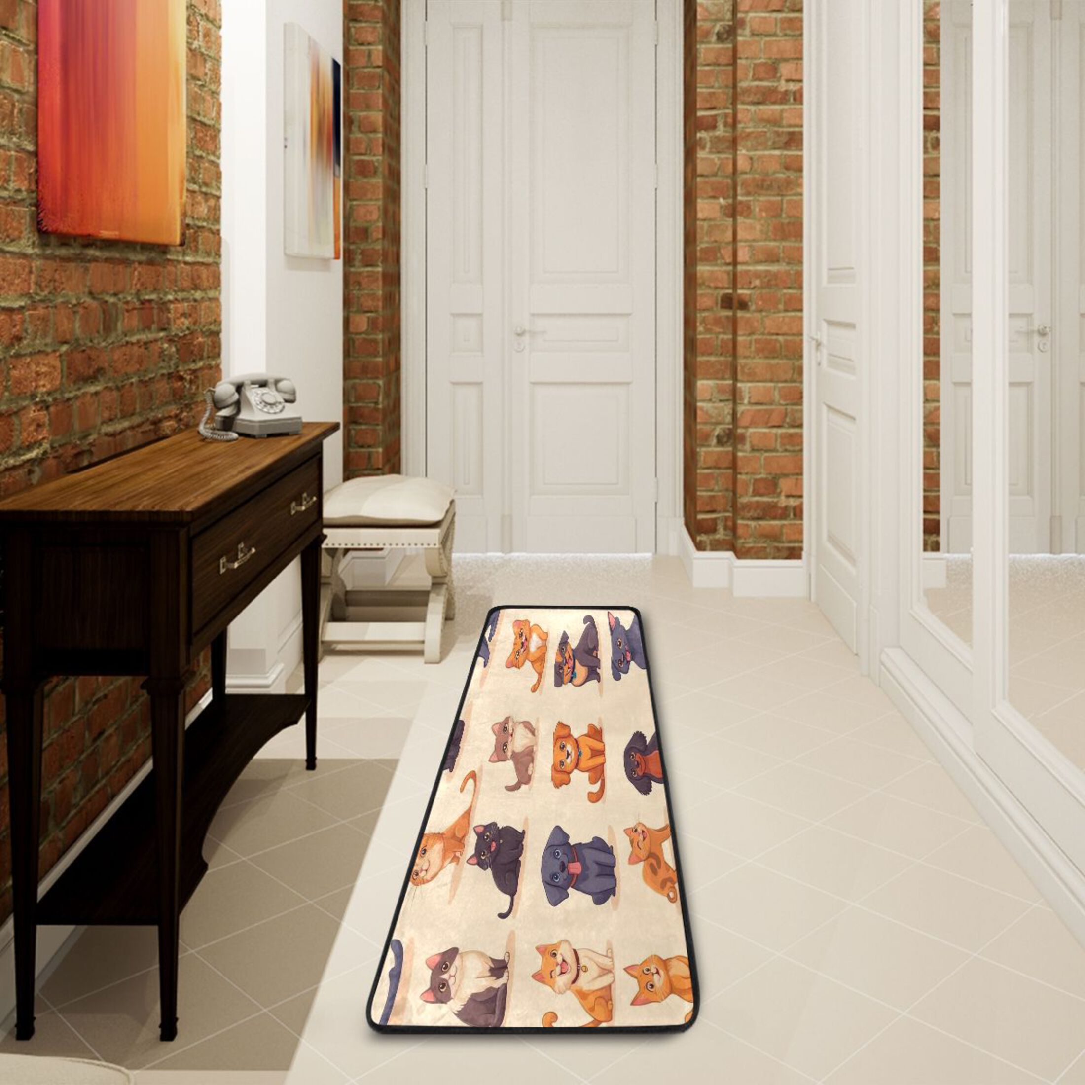 Cartoon Cats and Dogs Pattern 72x24" Runner Rug, Non-Slip Memory Foam Cushion, Anti-Crease for Hallways and Bedrooms