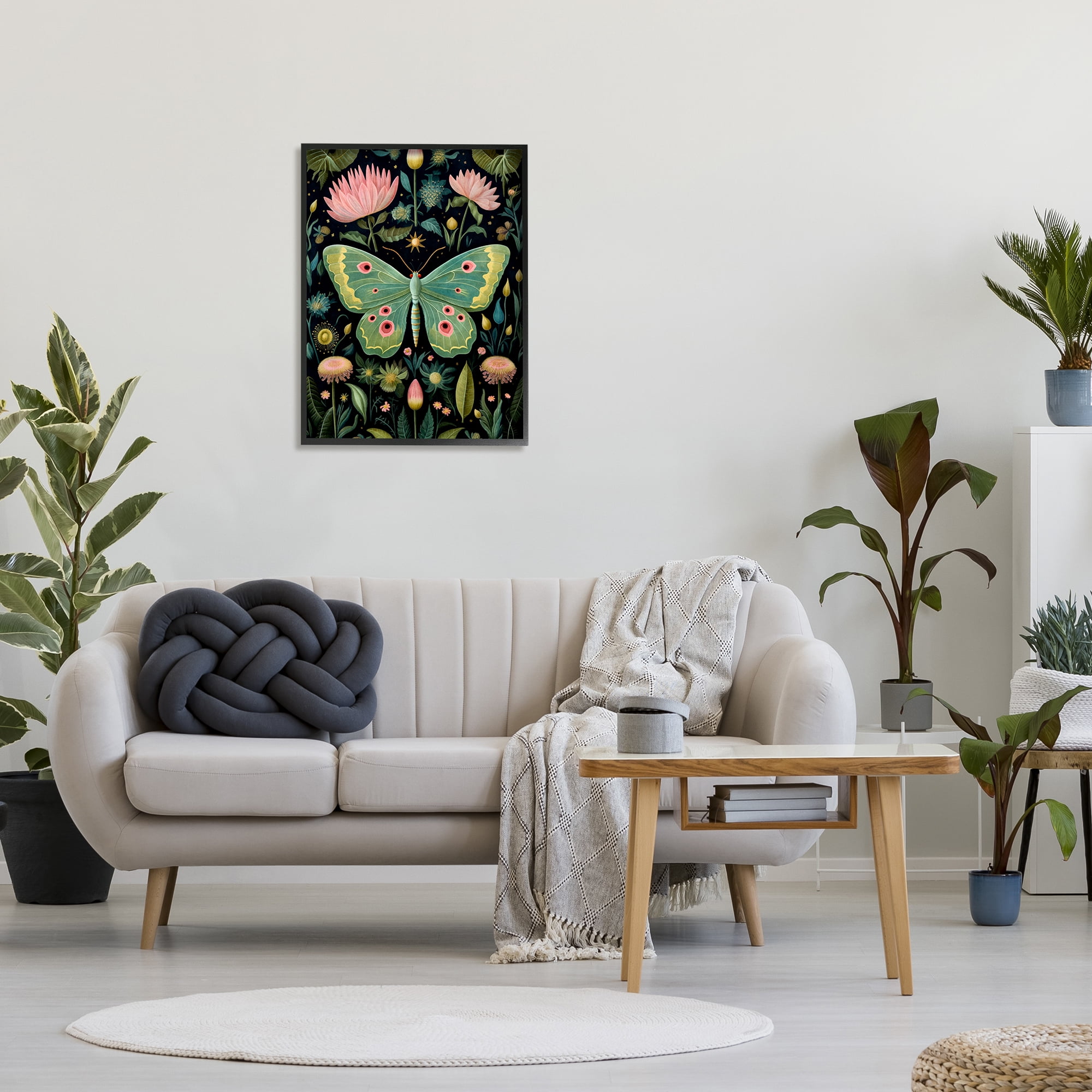 Stupell Industries Moth with Nature Botanicals Animals & Insects Painting Black Framed Art Print Wall Art, 24 x 30