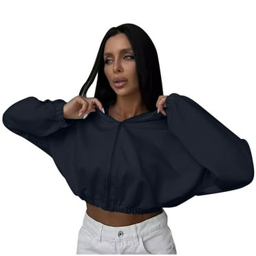 AherBiu Cropped Sweatshirt Jackets for Women Stretchy Zip up Hoodie Long Sleeve Fleece Lined Outwear