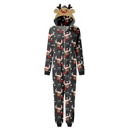 

Youmylove Women Merry Christmas Sets Dark Grey Printed Hooded Zipper Jumpsuit Family Outfit