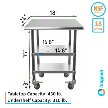 

AmGood 18 Long x 24 Deep Stainless Steel Work Table with 2 Shelves and wheels | Commercial & Residential NSF Utility Table | Metal Food Prep Station