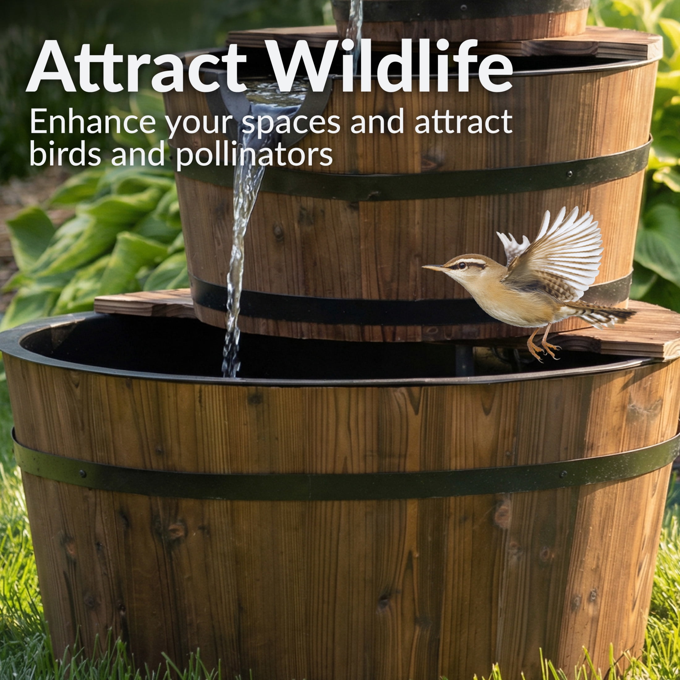 Sunnydaze Wood Barrel Brown 3-Tier Outdoor Water Fountain