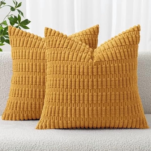 Chenchen Pack of 2 Corduroy Decorative Throw Pillow Covers 16x16 Inch Soft Boho Striped Pillow Covers Modern Farmhouse Home Decor for Summer Sofa Living Room Couch Bed Gold Yellow
