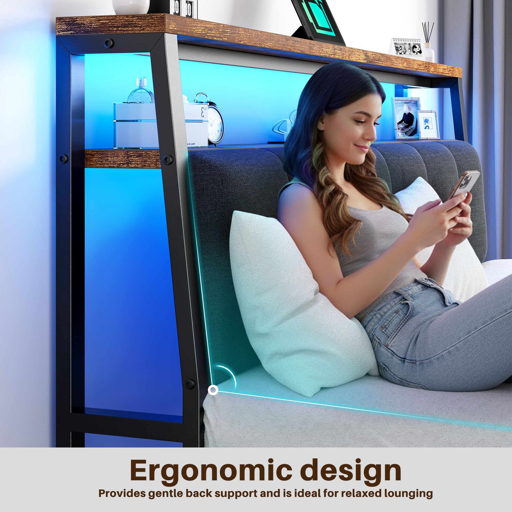 EnHomee Metal Platform Bed Frame Full Size with Headboard Upholstered Bed with 2-Tier Storage Shelf & Charge Station & LED Light,Rustic Brown